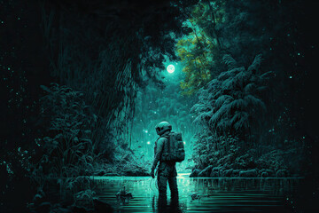 Fototapeta premium astronaut stands in the water in the jungle under the starry night sky on a fantastic planet. Generative AI
