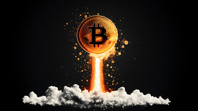 skyrocketing bitcoin on black background concept, neural network generated art
