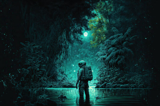astronaut stands in the water in the jungle under the starry night sky on a fantastic planet. Generative AI