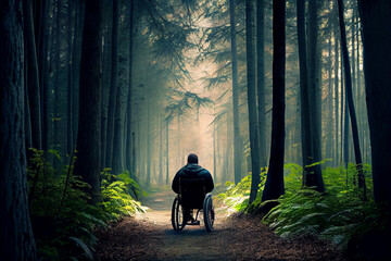 Behinderter Mann im Rollstuhl, fährt durch einen Wald  - Generative Ai