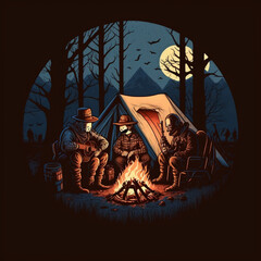 zombie boy scouts in the forest near the campfire and tent