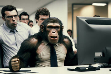 funny work weekdays in the office. Stupid boss in the office stupid office workers. Chimpanzee office worker Generative AI - obrazy, fototapety, plakaty