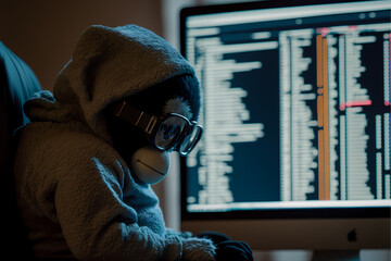 modern programmer. Monkey programmer. The concept anyone can be a programmer. Animal programmer does the job Generative AI - obrazy, fototapety, plakaty