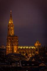 Skyline and Cathedral of Strasbourg at night in Strasbourg in France on January 2023