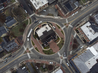 Aerial view of the roundabout surrounding the historic Nelson County Courthouse in Bardstown, Kentucky.
