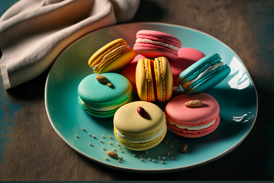 Macarons on a blue plate
