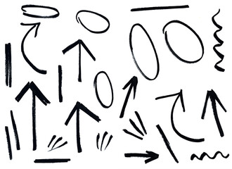 Set of arrow, circles, graphics handmade with marker pen, black isolated on white background. Arrows different shapes, left, right, up and down. Graphic resource for design.