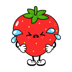 Cute funny crying sad Strawberry character. Vector hand drawn traditional cartoon vintage, retro, kawaii character illustration icon. Isolated white background. Cry Strawberry character concept