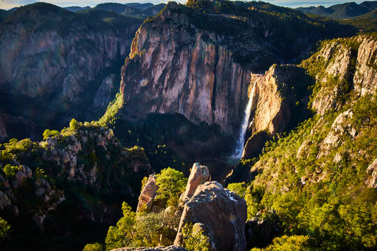 beautifull and big waterfall with amazing cliff and forest around, sierra tarahumara in basaseachi chihuahua 