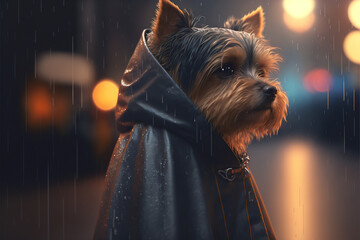 AI Yorkshire terrier wearing a raincoat in the rain - Generative AI - obrazy, fototapety, plakaty