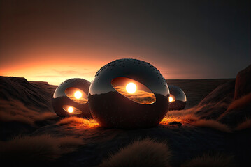 Spheres with internal light in a natural landscape at sunset. Generative AI