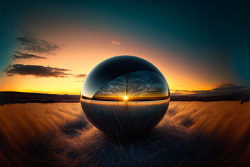 Fototapeta na wymiar Sphere with internal light in a natural landscape at sunset. Generative AI