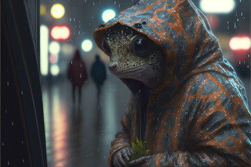 AI Salamander wearing a raincoat in the rain - Generative AI