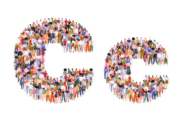 Large group of people in letter C form. People standing  together. A crowd of male and female characters. Flat vector illustration isolated on white background.