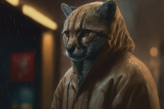 AI Cougar / Mountain Lion wearing a raincoat in the rain - Generative AI