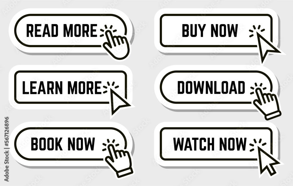 Poster modern style buttons set in dark colors. read, learn more, watch and buy now button for web and mobi