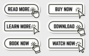 Modern style buttons set in dark colors. Read, learn more, watch and buy now button for web and mobile apps. Vector EPS 10. Vector illustration