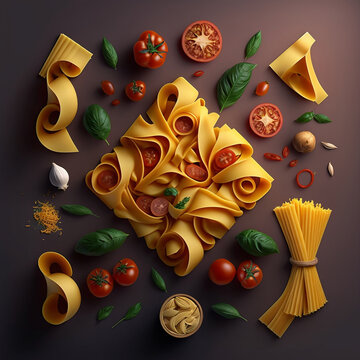 Top View Of Pasta Noodles And A Variety Of Vegetables 