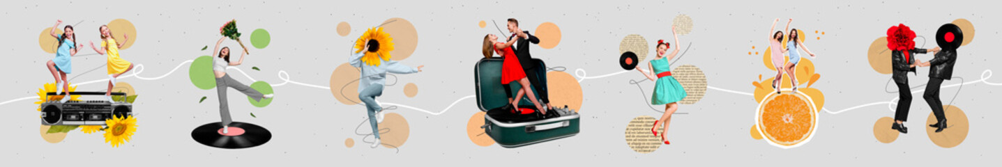 Composite collage collection of group people enjoy have fun dancing clubbing listen music isolated on painted background