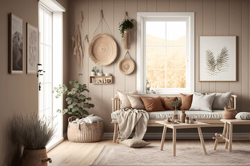 Scandinavian country interior room design, big windows natural light - beige colors, earthy tones