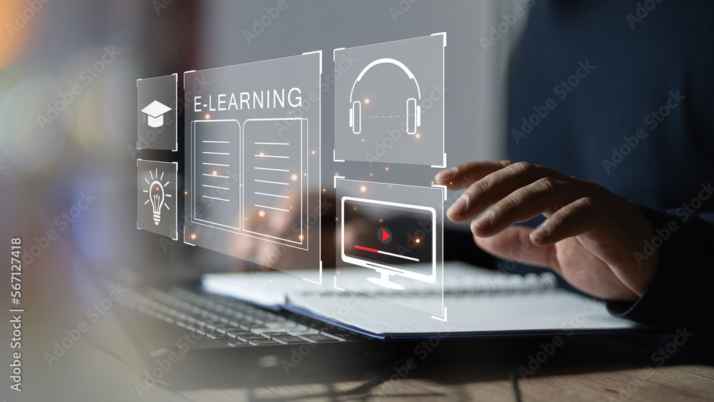 Poster Concept of Online education. man use Online education training and e-learning webinar on internet for personal development and professional qualifications. Digital courses to develop new skills..