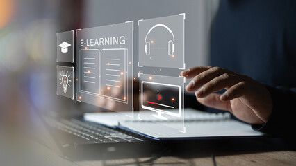 Concept of Online education. man use Online education training and e-learning webinar on internet...