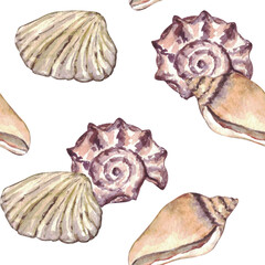 Watercolor sea shell seamless pattern. Hand drawn seashells texture vintage ocean background.