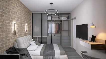 room design in a small space in gray style. Brick wall