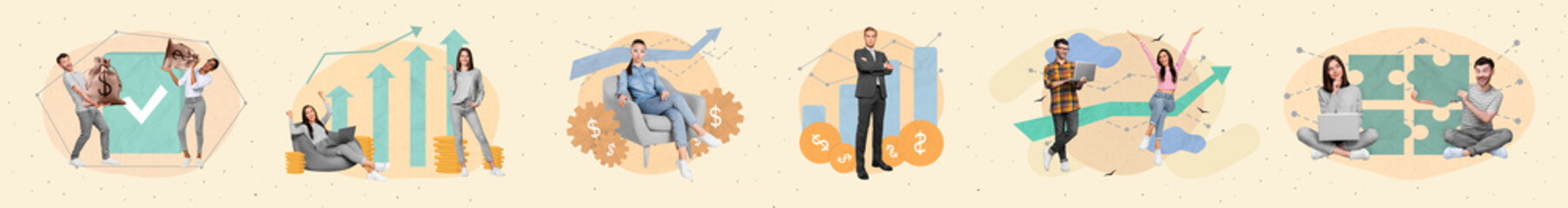 Abstract collage collection of company successful people earn profit money growth arrow charts...