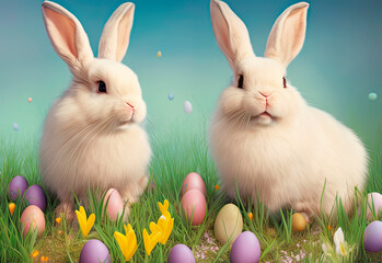 Obraz premium Magical garden with two adorable Easter bunnies playing on a lush, green lawn