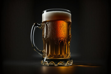 Glass of beer on dark background, a glass of beer with foam and drops of water flowing down the glass, a refreshingly relaxing cool alcohol drink, generated ai