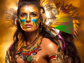 Naklejka premium Beautiful young Aztec woman adorned with glittering gold accessories
