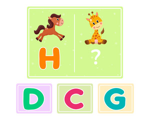 Educational logic game for kids. Children's alphabet education. Development of logic iq. Visual intelligence, mind games. Vector illustration.