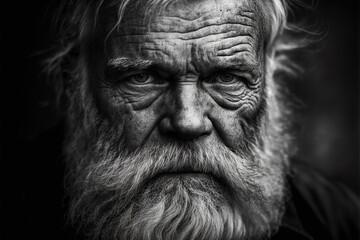 Old man with wrinkles and beard looking into the camera, black and white, Generative AI