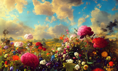 Paradise garden full of flowers, beautiful idyllic  background with many flowers in eden, 3d illustration with juicy colors. Generative AI. - obrazy, fototapety, plakaty