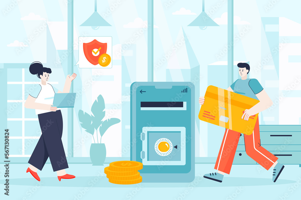 Poster Online banking concept in flat design. Man and woman payment from mobile app scene. Couple make internet transaction, using bank services. Illustration of people characters for landing page
