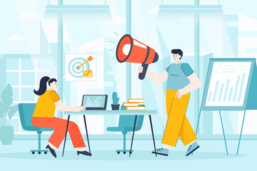 Digital marketing concept in flat design. Marketers team works in office scene. Teamwork to promote business, advertise, attract customers. Illustration of people characters for landing page