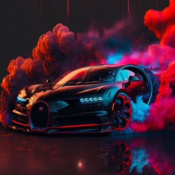 A black buggati chiron with neon red and blue cloudy smoke. Generative AI