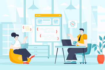 Programmer working concept in flat design. Colleagues works in office scene. Man and woman coding, create website, app or program interface. Illustration of people characters for landing page