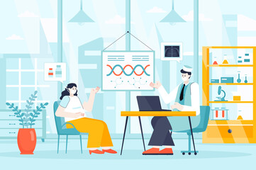 Medical clinic concept in flat design. Patient consulting with doctor in office scene. Diagnostics, treatment, prescription of medicines. Illustration of people characters for landing page