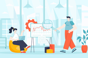 Big data analysis concept in flat design. Business analysts work in office scene. Teamwork on project, analysis of statistics and graphs. Illustration of people characters for landing page
