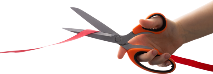 Cutting a red ribbon with scissors on a white background. Opening procedure, inauguration, new project.