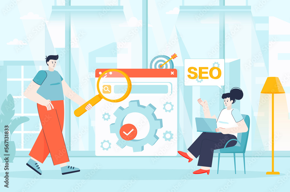Poster seo optimization concept in flat design. developers work in office scene. man and woman customize se