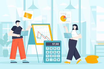 Financial management concept in flat design. Employees work in office scene. Man and woman analysis data graphics, accounting, investment. Illustration of people characters for landing page