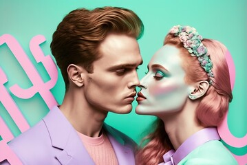 Cute stylish cotton candy couple in love, a Fashion Valentine's Day illustration generate AI