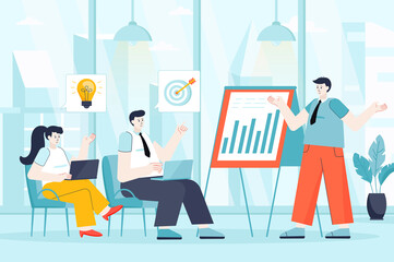 Business training concept in flat design. Colleagues at conference scene. Employees listen to coach, improve qualifications, success career. Illustration of people characters for landing page