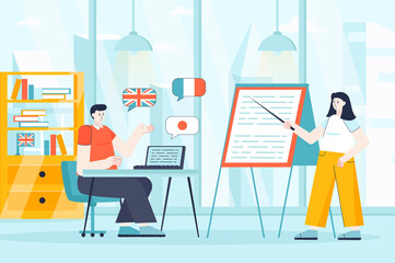 Language courses concept in flat design. Student in lesson at classroom scene. Man studying English, French, Japanese, listening to teacher. Illustration of people characters for landing page