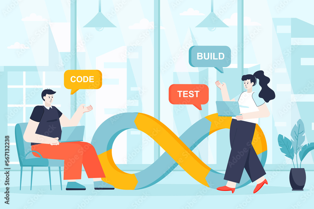 Fototapete DevOps concept in flat design. Teamwork and communication in office scene. Developer and programmer working project, coding, testing building. Illustration of people characters for landing page
