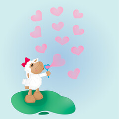 Sheep plays with soap bubbles in the form of a heart