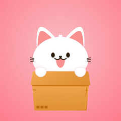 Cat in box. Cartoon cat biting a huge box Valentine's Day greeting card.